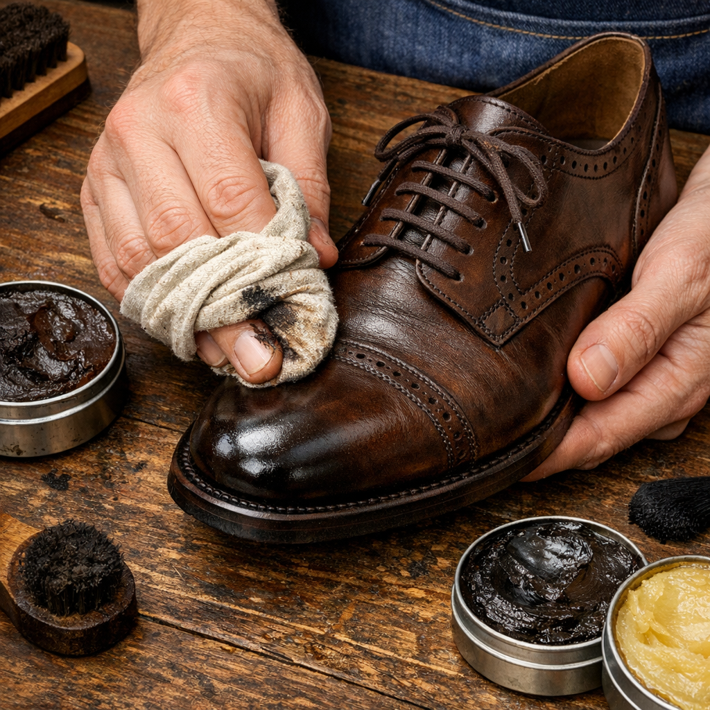 Cirage de chaussures en cuir avec chiffon et cire